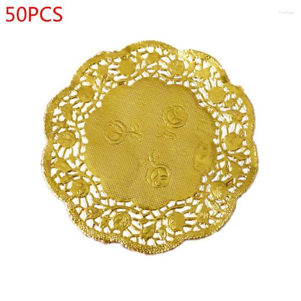 Tischsets, 50 Stück/Set, 3,5 Zoll, hohl, floral, geprägt, runde Spitze, Papierdeckchen, Hochzeitsfeier, DIY-Geschirr, Metallic-Gold, Tischset, Dekoration