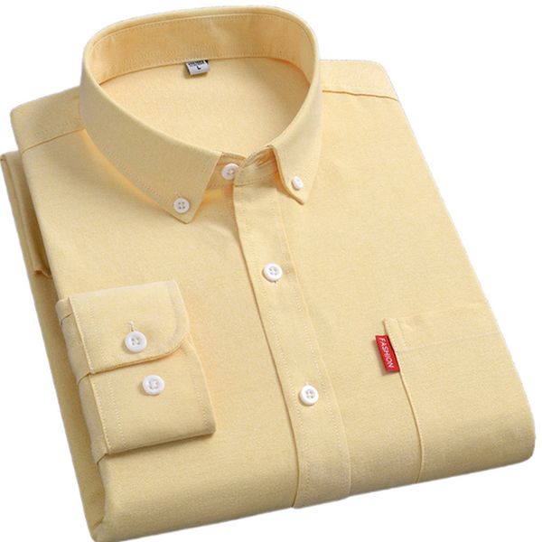 Camisas casuais masculinas camisa de algodão 100% para homens Oxford Fabric Slove Solid Comfort Solid Pocket Design de bolso de ajuste padrão Camisas sociais amarelas 230504