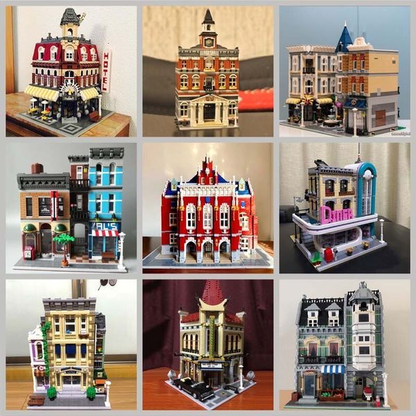 Blocks Creatoring especialista em livraria de animais de estimação Town Hall Downtown Diner Modelo MOC Modular Building Brick Bank Cafe Toys Parisian 230504