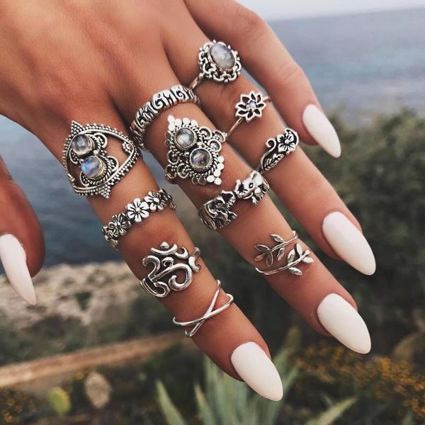 Fedi nuziali Fashion Crystal Knuckle Ring Set per le donne 12 pezzi / set Punk argento antico Elefante foglia di loto Lady Bohemian Party Jewelry