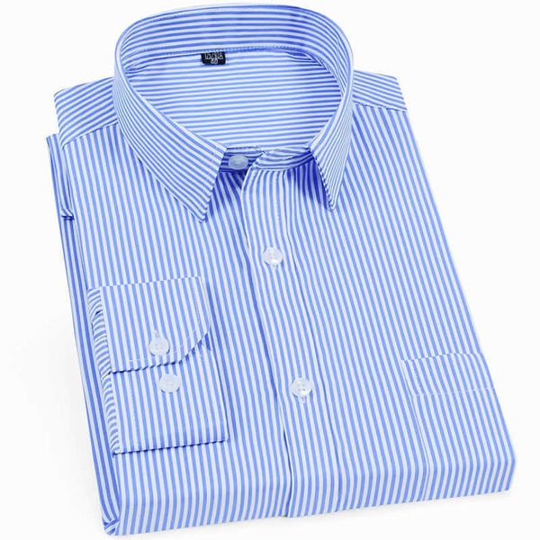 Erkekler Elbise Gömlek Erkekler Uzun Kollu Elbise Gömlek Mavi Çizgili Gömlek İş Ofis İşi ​​Resmi Sıradan Gömlek Tek Yama Cep Standart Fit P230427