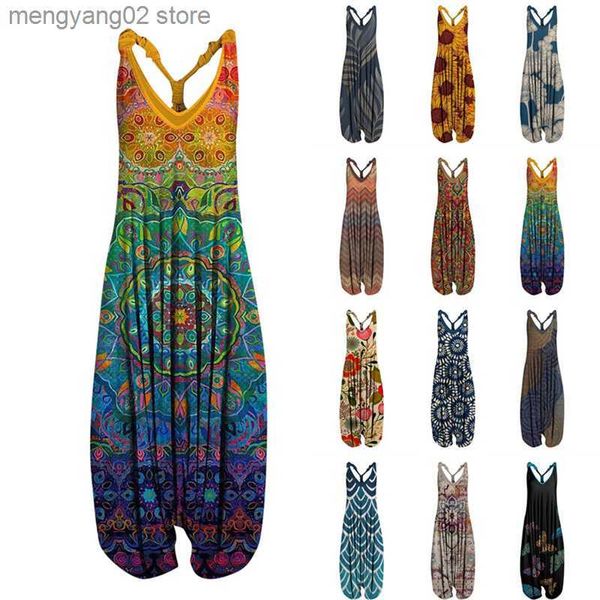 Frauen Jumpsuits Strampler S-5Xl Ethnische Art Overall Strampler Frauen Ärmellos Langer Harem Overall Frauen Sommer Sexy Sling Wide Leg Jumpsuits CasualBoho T230504