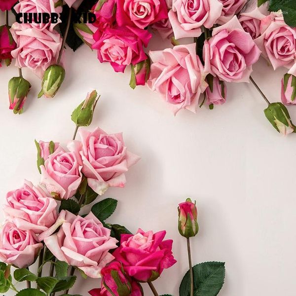 Fiori decorativi Real Touch 7 teste Lattice artificiale Rosa Alta simulazione Matrimonio Idratante Sensazione gambo lungo Mazzo 6 pezzi