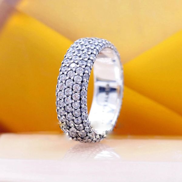 Anello a tripla fila in argento sterling 925 con pavé senza tempo adatto per gioielli Pandora Anello di fidanzamento per amanti del matrimonio