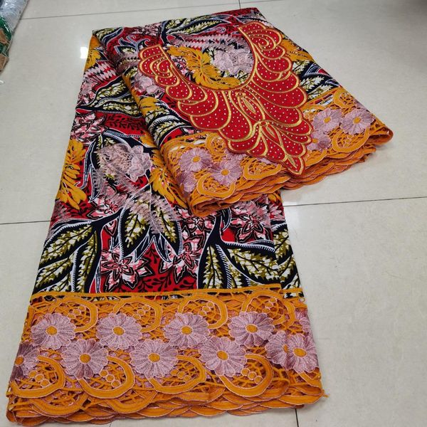 Tessuto 6Yard Ricamo Collo Ankara Africano Stampa Cera Tessuti di pizzo Cotone Tissu Africa Francese Broccato solubile in acqua Cucire Materiale del vestito