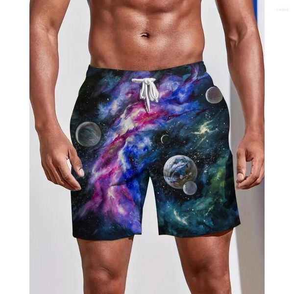 Shorts masculinos Four Seasons Starry Sky Sky Universo 3D Calças de praia impressas de praia Esportes de natação tendência de juventude solta tamanho de tamanho grande