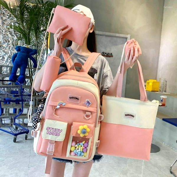 Borse da scuola 5 in 1 Zaino da donna Kawaii 2023 Zaino per bambini Bookbag Borsa per laptop per ragazze Mochilas Borse da viaggio con orso