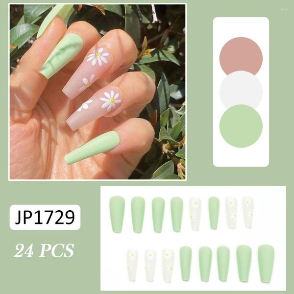 Falso unhas 24pcs verde fosco longo fresco flor pequena unha falsa para mulheres meninas estilo francês capa completa adesivo sal99