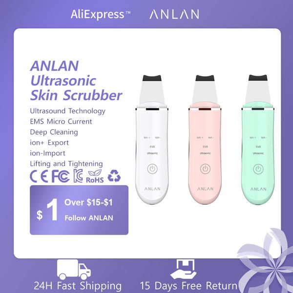 Massaggiatore per il viso ANLAN Scrubber per la pelle ad ultrasuoni Macchina per la pulizia profonda del viso Peeling Pala Detergente per pori Macchina per il sollevamento della pelle del viso 230504