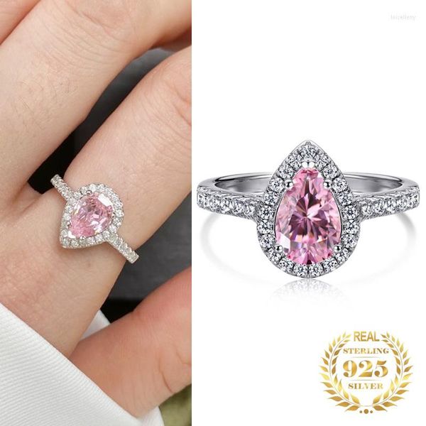 Ringos de cluster Women Women Luxury Water Got Diamond Ring 925 Sterling Silver Engagement Wedding Pink Zircon para Jóias finas de festa