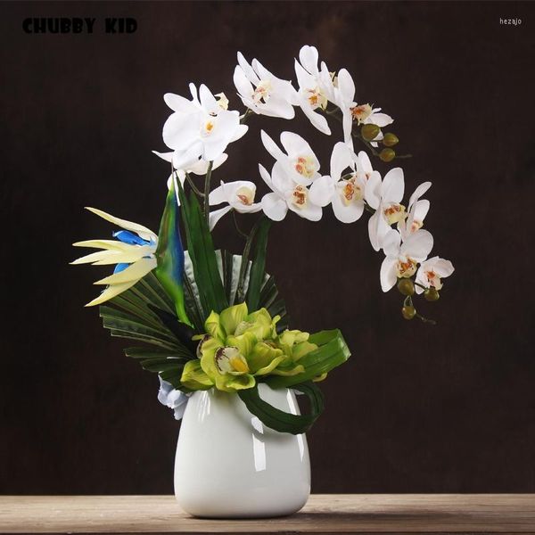 Fiori decorativi Disposizione dei fiori ad alta simulazione Tocco reale Artificiale Phalaenopsis Bonsai Falso in vaso di ceramica Vestito di orchidea bianca