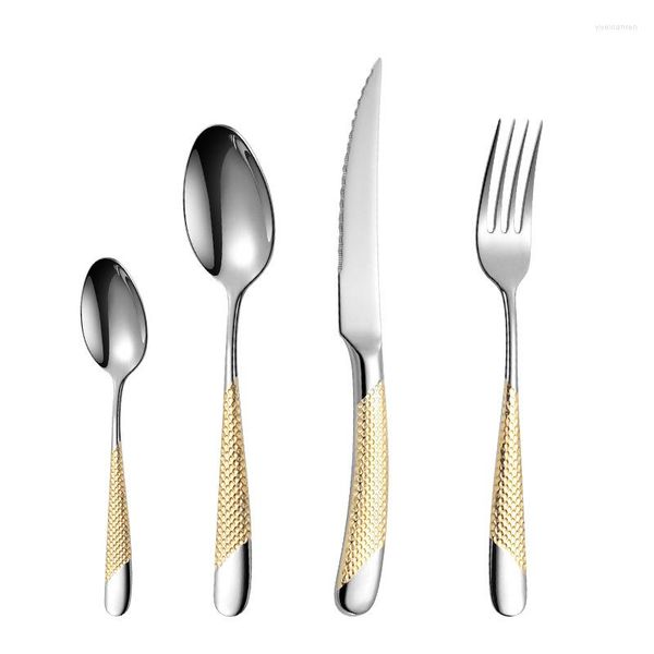 Geschirr-Sets 4 STÜCKE Hochwertiges Besteckset Griff Exquisite Schnitzerei Edelstahl Goldenes Geschirr Messer Gabel Löffel Besteck