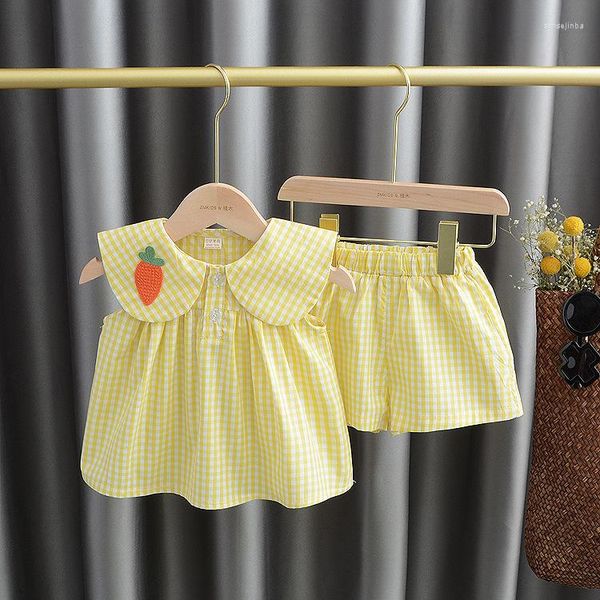 Completi di abbigliamento Tuta da neonato in plaid di cotone carino senza maniche estiva da bambina