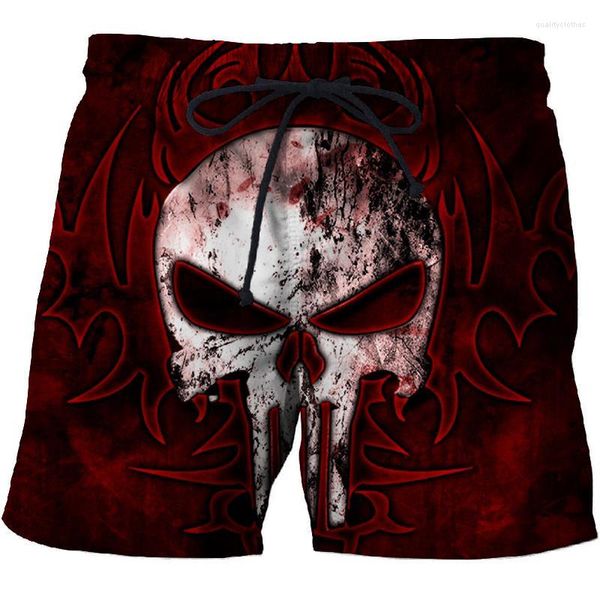 Shorts masculinos punk vento vermelho crânio 3d praia de praia masculina seca de roupas de banho confortável esportes de rua engraçada impressão engraçada