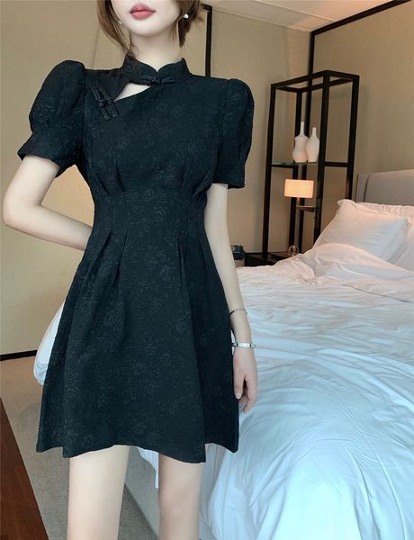 Frauen stehkragen cheongsam beiläufige kleider puff kurzarm schwarz farbe jacquard weben schlanke taille kurze vestidos SMLXL