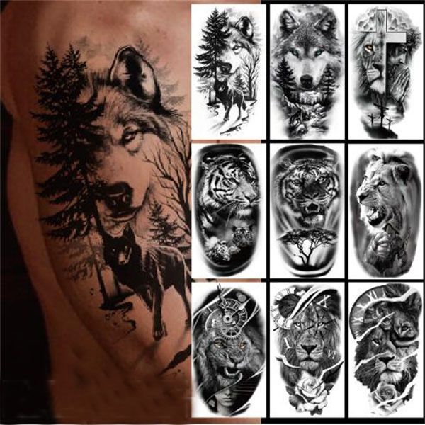 Impermeabile Autoadesivo Del Tatuaggio Temporaneo Foresta Leone Tigre Orso Flash Tatuaggi Donne Leopardo Lupo Corona Body Art Braccio Falso Tatoo Uomini GC2088