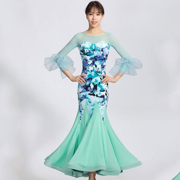 Bühnenkleidung Modern Dance Dress Organza Lotus Leaf Waltz Performance Competition Clothing for Women Internationaler Standard DN12096