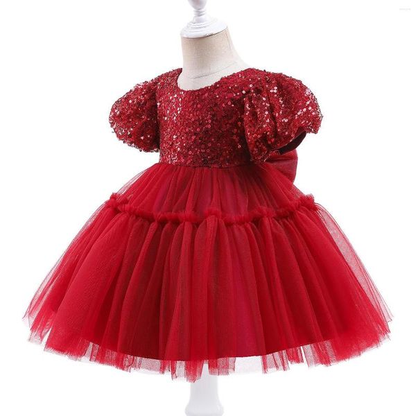 Abiti da ragazza Baby 1st Birthday Party Red Embroidery Paillettes Big Bow Layered Tulle Tutu Gown Infant Formal Pageant Prom Costume