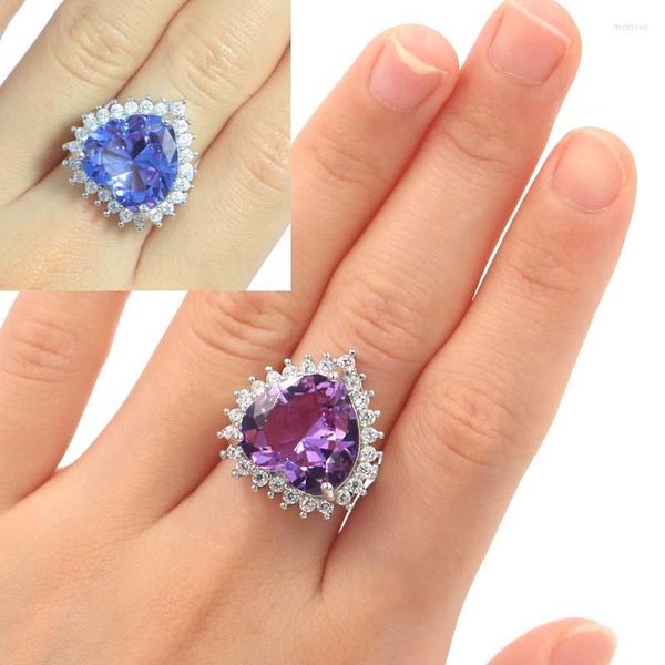 Cluster Rings 22x21mm Big Heart Gemstone 6.8g Color Changing Alexandrite Topaz CZ Women Engagement Silver Drop all'ingrosso