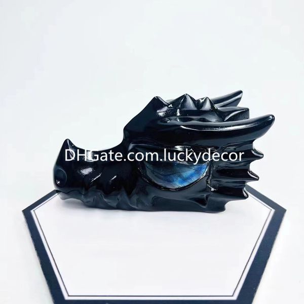 Black Obsidian Dragon Head Skull com Labradorita Olhos Cura Reiki Figura Vulcânica Natura