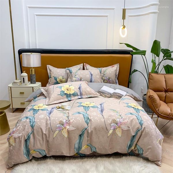 Set di biancheria da letto Set di cotone egiziano Pastorale Foglie tropicali Fiori Copripiumino Federa per lenzuolo trapunta delicata sulla pelle