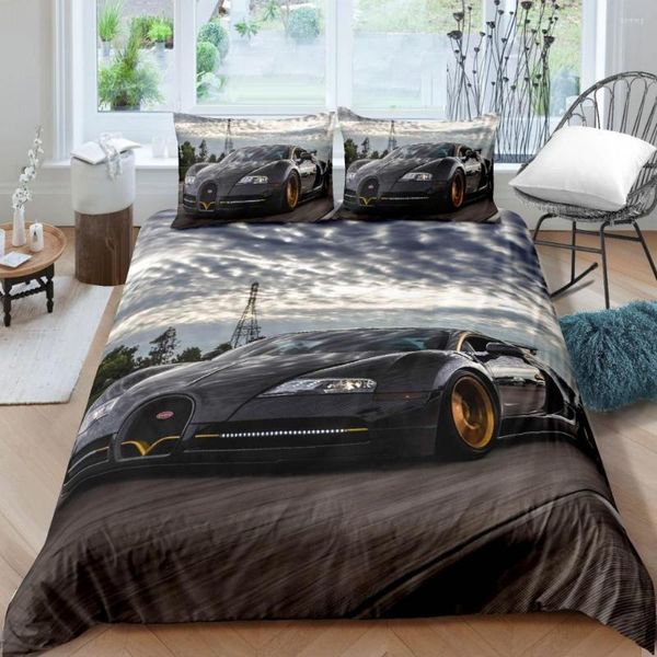 Set di biancheria da letto Lussuoso set di auto sportive Nero Bianco Bici da corsa Biancheria da letto Copripiumino in poliestere con federa per adolescenti Adulti Decor