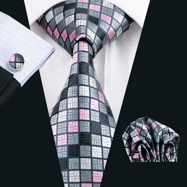 Cravatta in seta grigio rosa con griglia Gemelli Hanky Set da uomo in tessuto jacquard classico, larghezza 8,5 cm, festa di nozze, affari N-0482318h