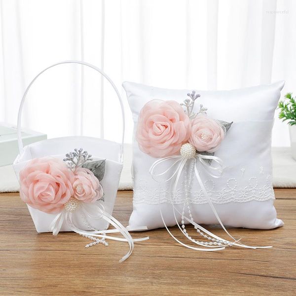 Flores decorativas Almofadas de anel de casamento para decoração Decoração de renda Cushion de cetim com fitas sem anéis