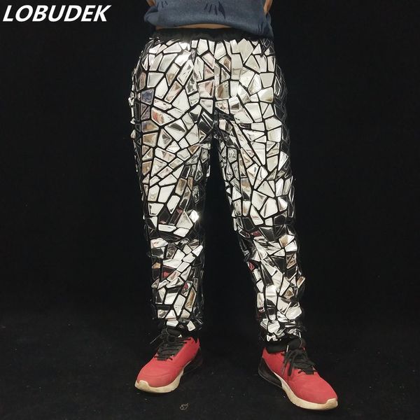 Pantaloni da uomo glitter argento specchio laser pantaloni casual ballerino hip-hop performance sul palco pantaloni lucidi pantaloni harem elastici cantante bar