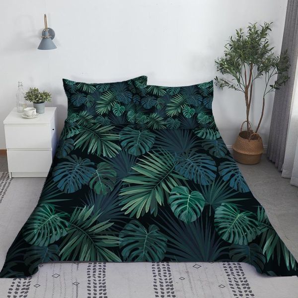 Conjunto de lençol de folhas tropicais verdes, conjunto de lençol com impressão 3d, lençol plano com capa de travesseiro, poliéster macio, tamanho duplo, atacado