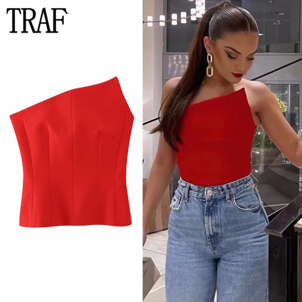 Canotte Canotte TRAF Corsetto asimmetrico Top femminile Rosso Backless Crop Donna Off spalla Bustier senza maniche Sexy 230503