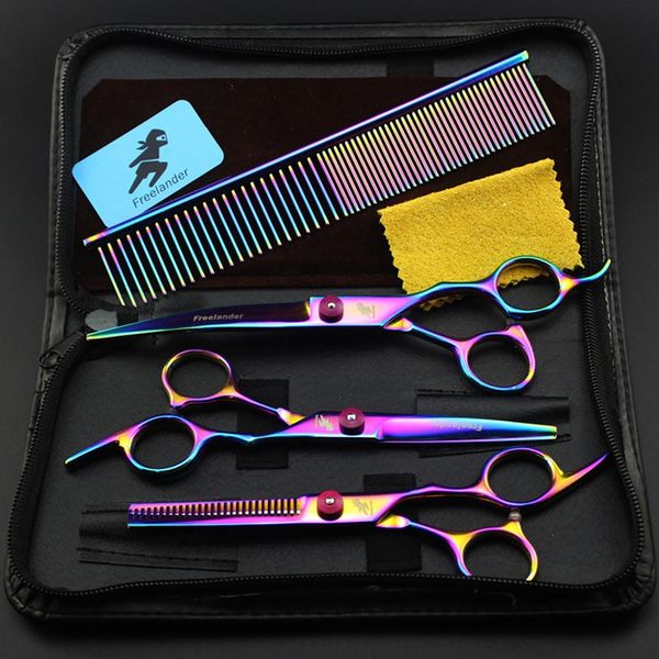 Pitters 7,0 Zoll professionelle Haustierschere für Hundepflege -Hunde Schere den Haarschneider gerade dünner gebogene Schere 3pcs/Set + Kamm