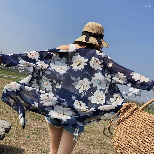 Blouses feminina Proteção solar Roupas de sete pontos Cardigan Summer Women Women Floral Blouse Midn Length Length Blue Begonia impressa