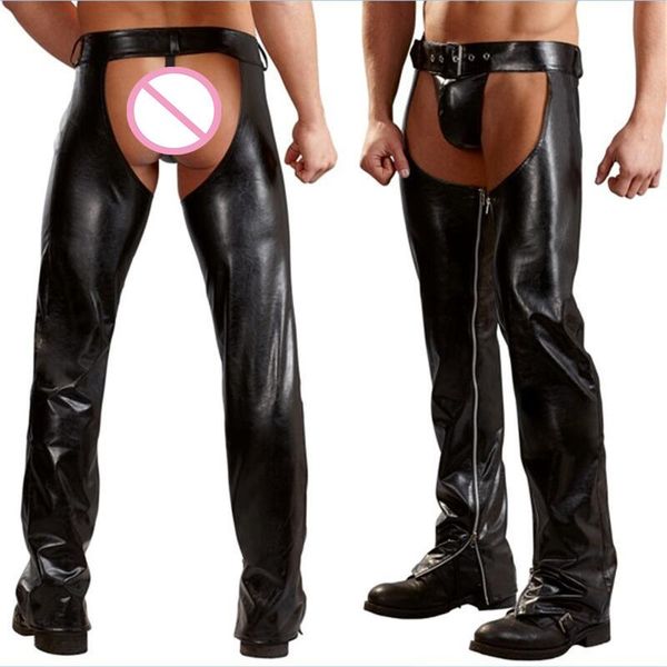 Hosen Herrenhosen Sexy PU-Leder Wet Look Verstellbare Taille Fetisch Gothic Lange Hosen Motorrad Gay Offener Schritt Hosen Clubwear