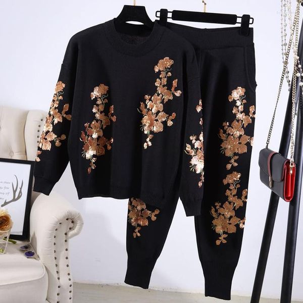 Pantaloni a due pezzi da donna Set lavorato a maglia nero da donna con paillettes Foglia oro maglione lavorato a maglia maglione abiti a matita tuta sportiva allentata femminile 2pz