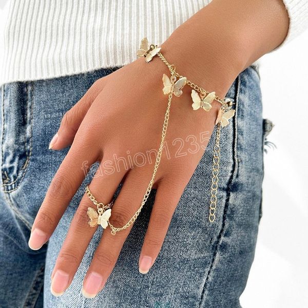 Moda Vintage Butterfly Ring Bracelet for Women Girls Lady conectada Ring Ring de ouro Bracelete Jóias Acessórios de joias