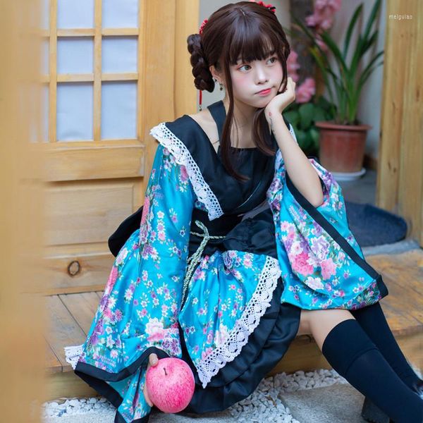 Ethnische Kleidung japanischer Kimono Yukata Kleid Mädchen Kawaii Blumendruck Robe lässig locker Vintage Cosplay Outfit für Frauen Bühnenauftritt