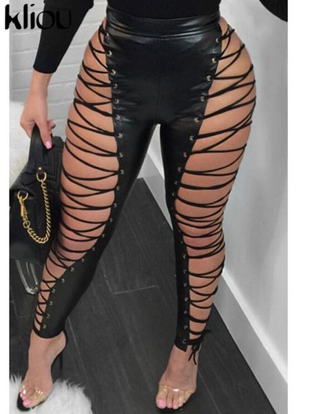 Capris Kliou Hipster Moto Stil Hosen Frauen Solide Faux PU Leder Kreuz Verband Mitternacht Hosen Zurück Reißverschluss Hot Slim Hohe streetwear