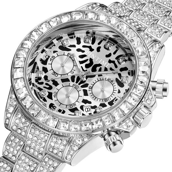 Orologi da polso PINTIME Orologio da uomo Moda Quadrante con stampa leopardata Cinturino in acciaio inossidabile Cassa con diamanti Orologio da polso al quarzo Impermeabile Reloj Hombre