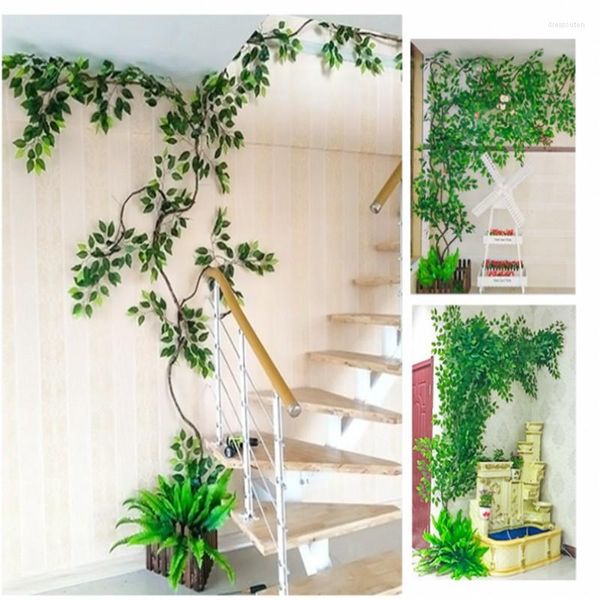 Fiori decorativi Pianta verde artificiale Ficus Foglia Ginkgo Biloba Rami con albero secco Rattan Set per decorazioni murali per la casa