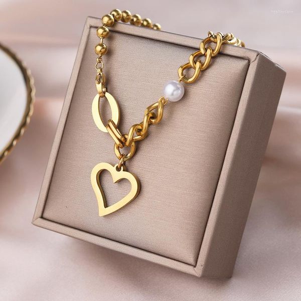 Ketten 316L Edelstahl Mode Gehobenen Schmuck Perle Hohl Liebe Herz Charms Dicke Kette Halsband Halsketten Für Frauen