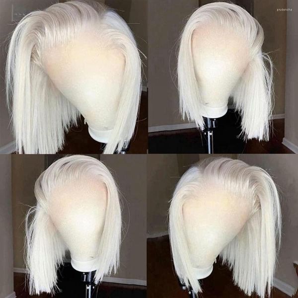 60 # Grau Weiß Platinblond 13 x 4 Kurzer Bob Echthaar Lace Front Perücken Vorgezupfte gebleichte Knoten mit HD-Transparent