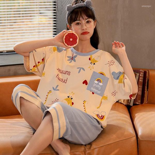 Herren Nachtwäsche Kawaii Cartoon Pyjamas Anzug Frauen Koreanische Süße Mädchen Stricken Baumwolle Nachtwäsche Weibliche Kurzarm Oansatz Home Kleidung