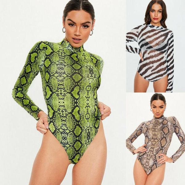 Macacões femininos macacões Mulheres Snake Skin Print Bodycon Bodysuit de manga comprida Helf colina de pescoço de zebra Turtleneck Tamanho grande S-