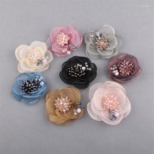 Clipes de cabelo 10pcs/lote de cristal floral stromestone núcleo decorado flores de chiffon botão adesivo de adesivo de adesivo