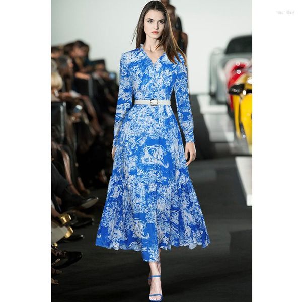 Abiti casual Janeyiren Fashion Catwalk Dress Autunno Donna con scollo a V Cintura a maniche lunghe Stampa blu Elegante vacanza