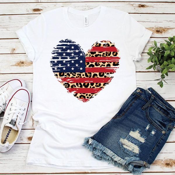 T-shirt da donna Bandiera americana Stampa leopardata USA 4 luglio Camicia a maniche corte in cotone Top T-shirt O Collo Streetwear Moda Grafica Drop