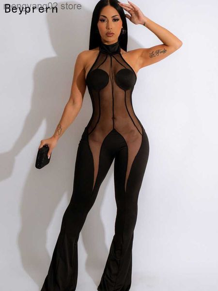 Damen Jumpsuits Strampler New Fashion Neckholder Sheer Mesh Patchwork Strampler Sommer Open Back Wide Legs Jumpsuits Party Outfits Sexy Clubwear T230504