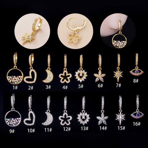 Donna Love Moon Eye Flower Zircon Huggie Hoop Orecchini Charms Ciondolo Fibbia per orecchio Anello in osso Fori multipli per le orecchie Orecchino singolo a puntura Orecchini pendenti Coreano Bijoux