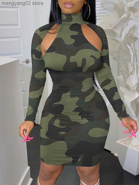 Vestidos casuais LW Cotton Feel Camouflage Print Cut Out Bodycon Manga Longa Colar mandarim